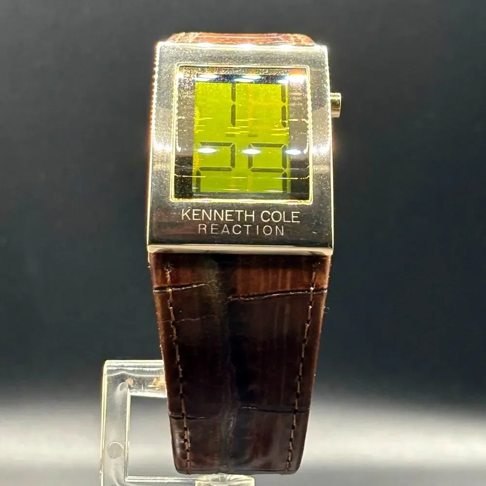 Kenneth Cole Reaction KC1398 Digital Gold Tone Brown Embossed Leather Watch Y2K